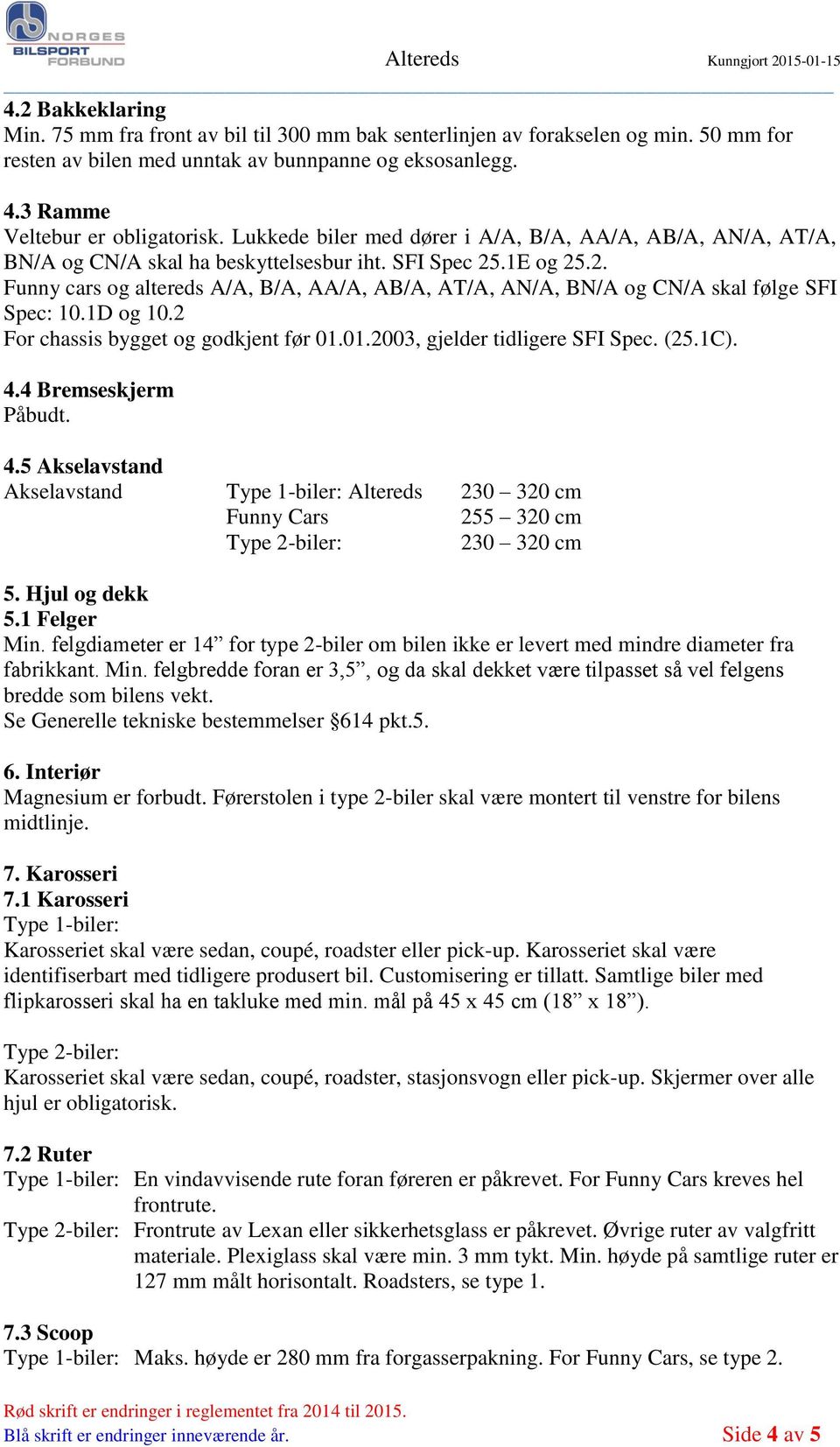 .1E og 25.2. Funny cars og altereds A/A, B/A, AA/A, AB/A, AT/A, AN/A, BN/A og CN/A skal følge SFI Spec: 10.1D og 10.2 For chassis bygget og godkjent før 01.01.2003, gjelder tidligere SFI Spec. (25.