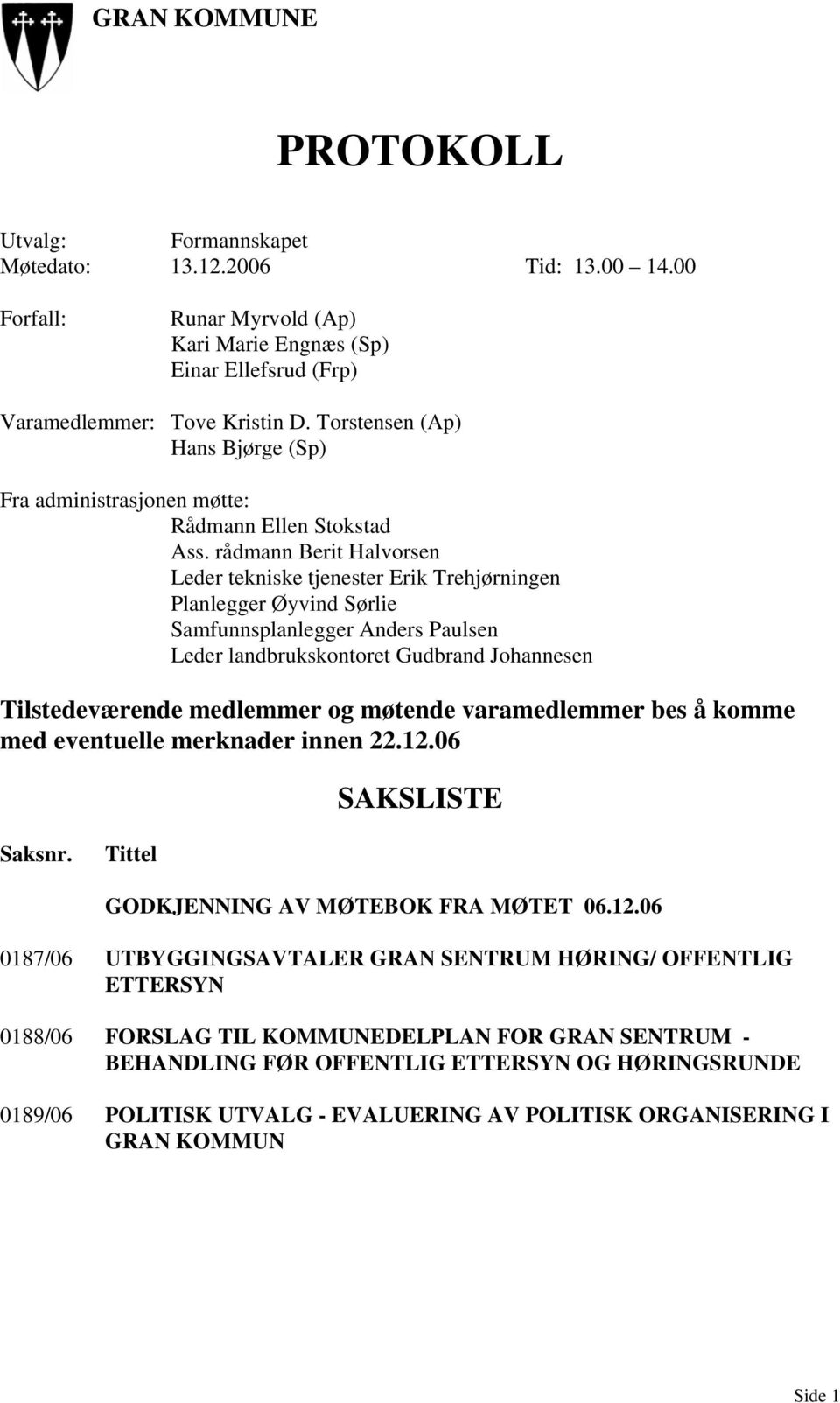 rådmann Berit Halvorsen Leder tekniske tjenester Erik Trehjørningen Planlegger Øyvind Sørlie Samfunnsplanlegger Anders Paulsen Leder landbrukskontoret Gudbrand Johannesen Tilstedeværende medlemmer og