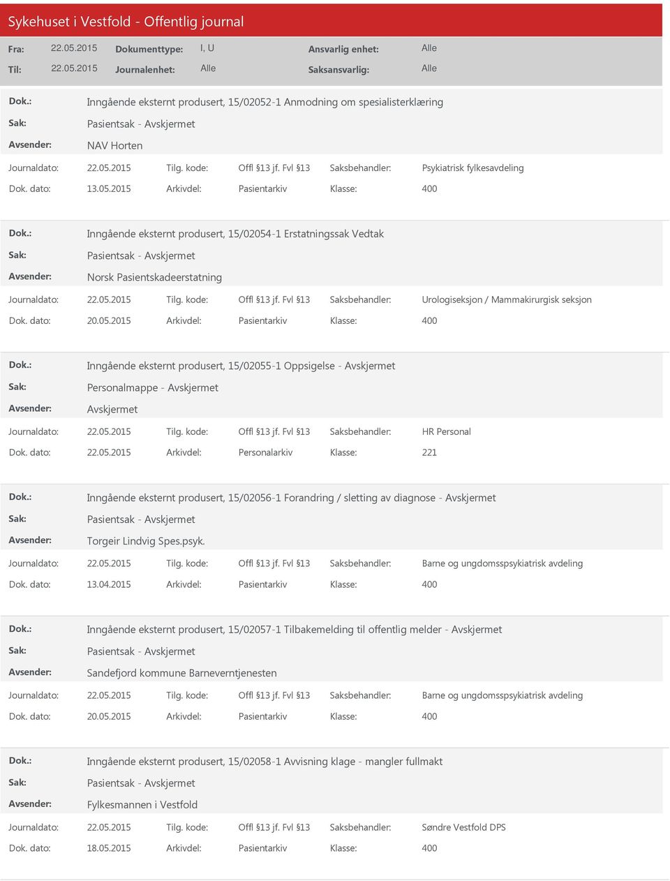 2015 Arkivdel: Pasientarkiv Inngående eksternt produsert, 15/02054-1 Erstatningssak Vedtak Norsk Pasientskadeerstatning Urologiseksjon / Mammakirurgisk seksjon Dok. dato: 20.05.2015 Arkivdel: Pasientarkiv Inngående eksternt produsert, 15/02055-1 Oppsigelse - Personalmappe - Dok.