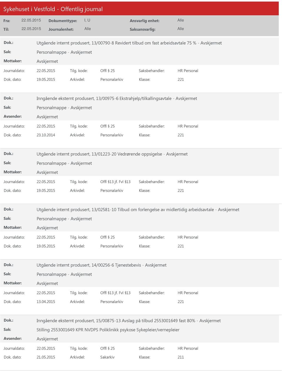 2014 Arkivdel: Personalarkiv Utgående internt produsert, 13/01223-20 Vedrørende oppsigelse - Personalmappe - Utgående internt produsert, 13/02581-10 Tilbud om forlengelse av