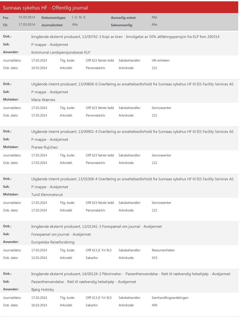 2014 Arkivdel: Personalarkiv Arkivkode: 221 Utgående internt produsert, 13/00806-6 Overføring av ansettelsesforhold fra Sunnaas sykehus HF til ISS Facility Services AS Maria Wærnes Utgående internt