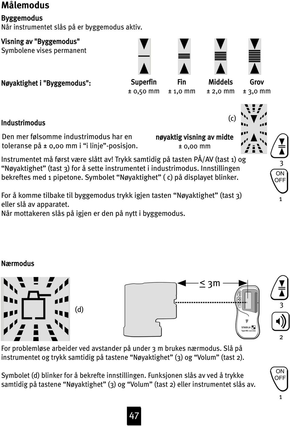 toleranse på ± 0,00 mm i i linje -posisjon. nøyaktig visning av midte ± 0,00 mm Instrumentet må først være slått av!