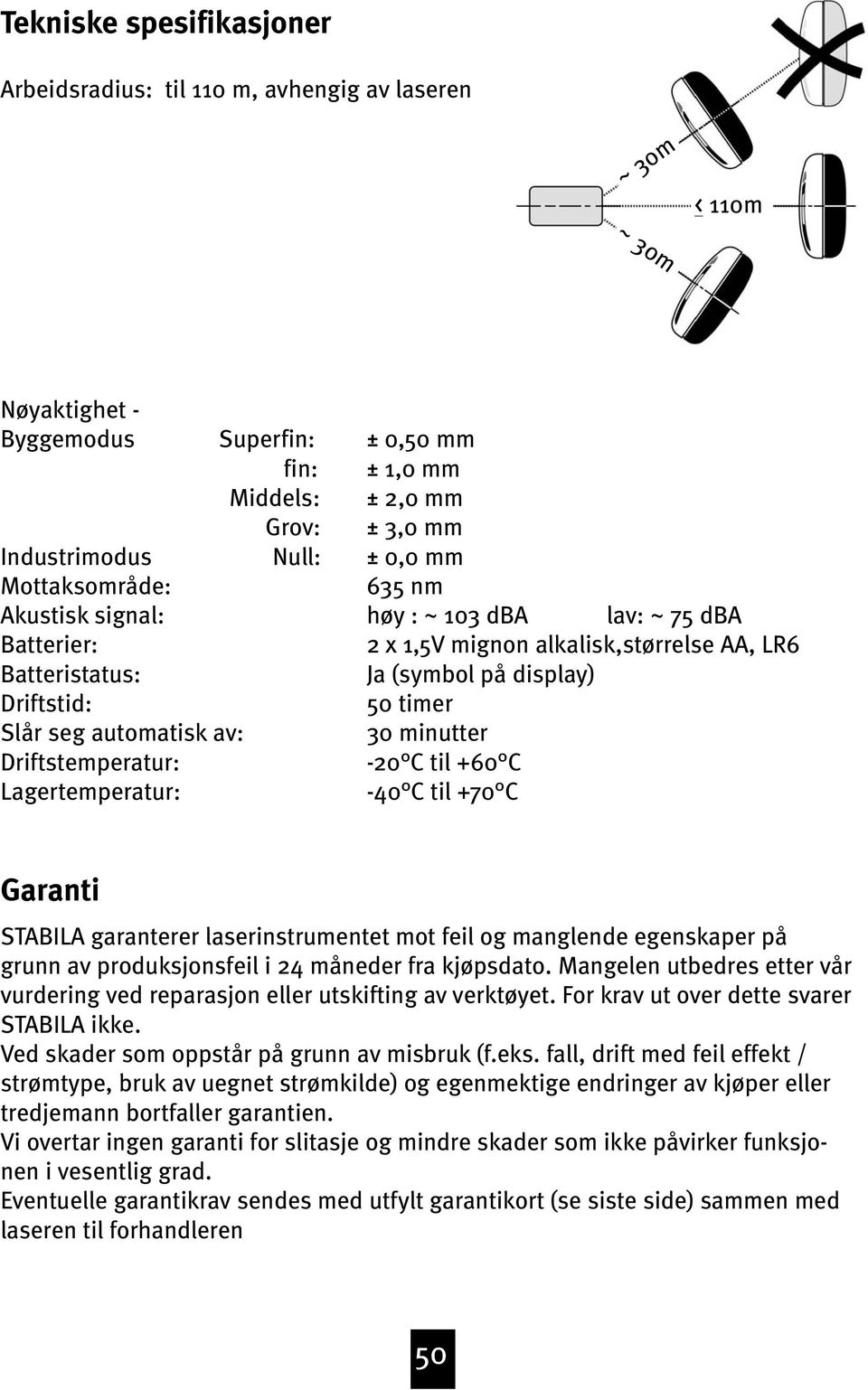 LR6 Ja (symbol på display) 50 timer 0 minutter -0 C til +60 C -40 C til +70 C Garanti STABILA garanterer laserinstrumentet mot feil og manglende egenskaper på grunn av produksjonsfeil i 4 måneder fra