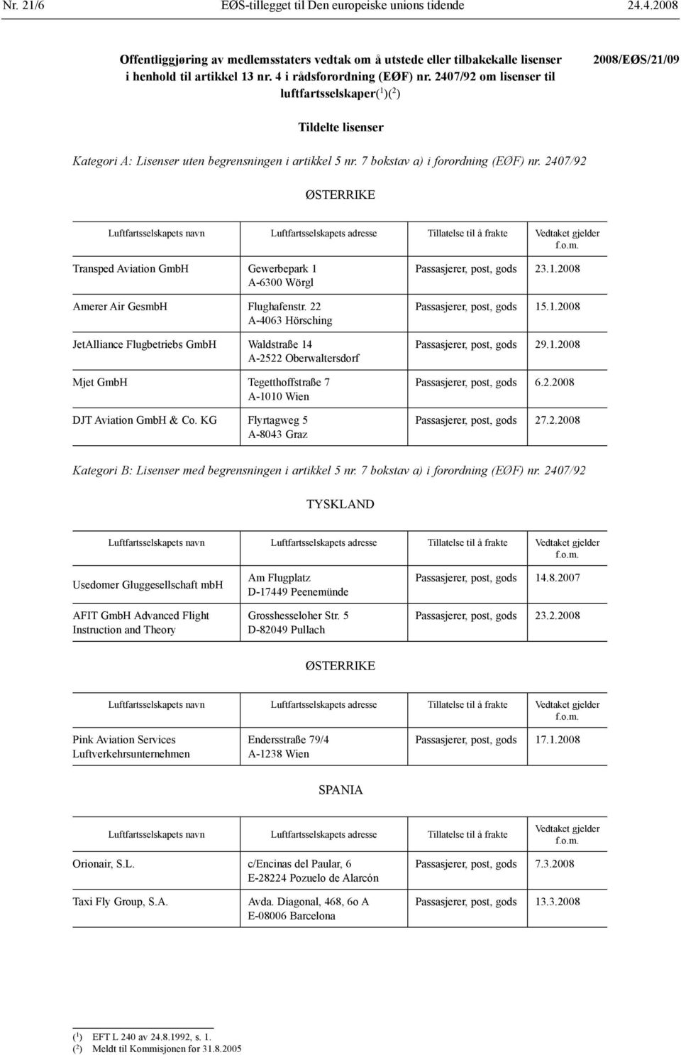7 bokstav a) i forordning (EØF) nr. 2407/92 ØSTERRIKE Transped Aviation GmbH Gewerbepark 1 A-6300 Wörgl Amerer Air GesmbH Flughafenstr.