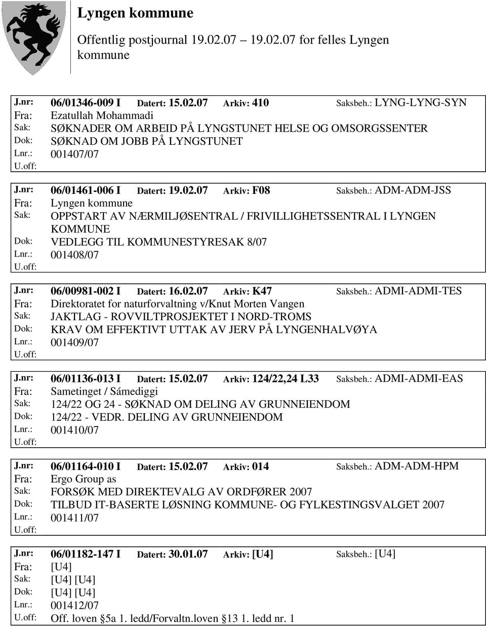 : ADM-ADM-JSS Fra: Lyngen Sak: OPPSTART AV NÆRMILJØSENTRAL / FRIVILLIGHETSSENTRAL I LYNGEN KOMMUNE Dok: VEDLEGG TIL KOMMUNESTYRESAK 8/07 Lnr.: 001408/07 J.nr: 06/00981-002 I Datert: 16.02.07 Arkiv: K47 Saksbeh.