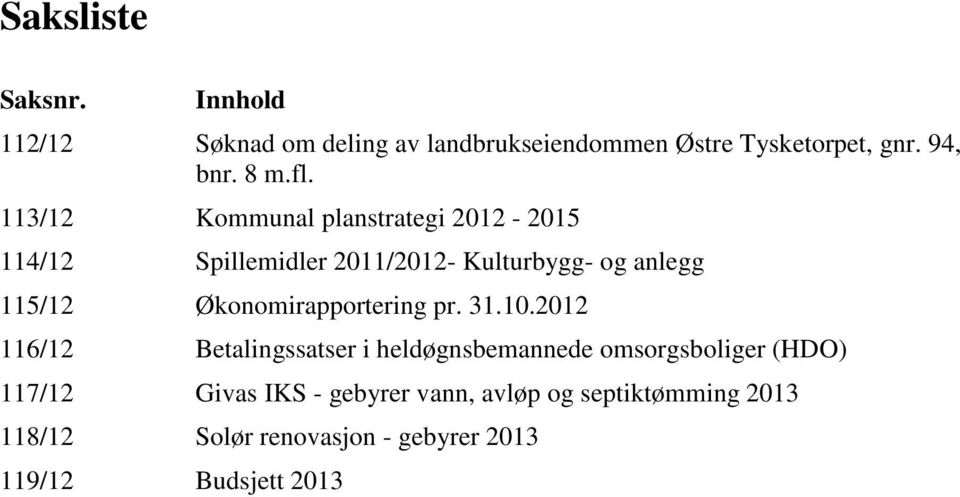 113/12 Kommunal planstrategi 2012-2015 114/12 Spillemidler 2011/2012- Kulturbygg- og anlegg 115/12