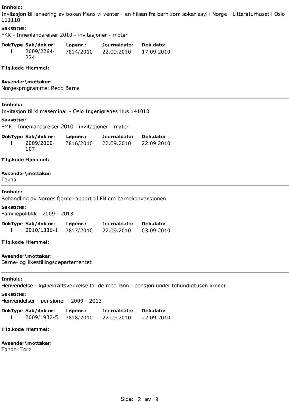 2009/2060-107 7816/2010 Tekna Behandling av Norges fjerde rapport til FN om barnekonvensjonen Familiepolitikk - 2009-2013 2010/1336-1 7817/2010 03.09.2010 Barne- og