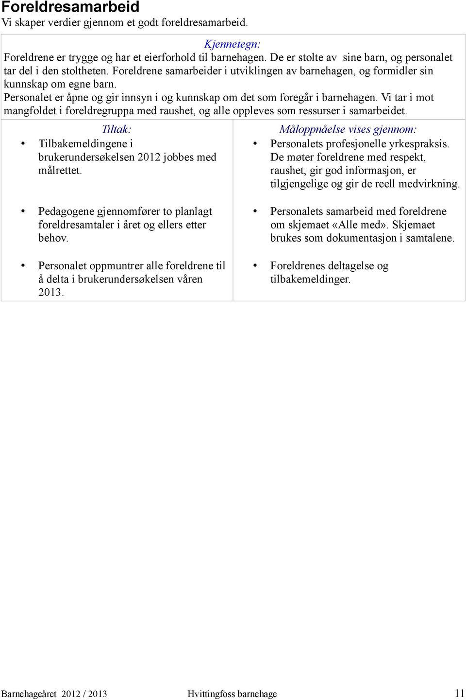 Vi tar i mot mangfoldet i foreldregruppa med raushet, og alle oppleves som ressurser i samarbeidet. Tilbakemeldingene i brukerundersøkelsen 2012 jobbes med målrettet.