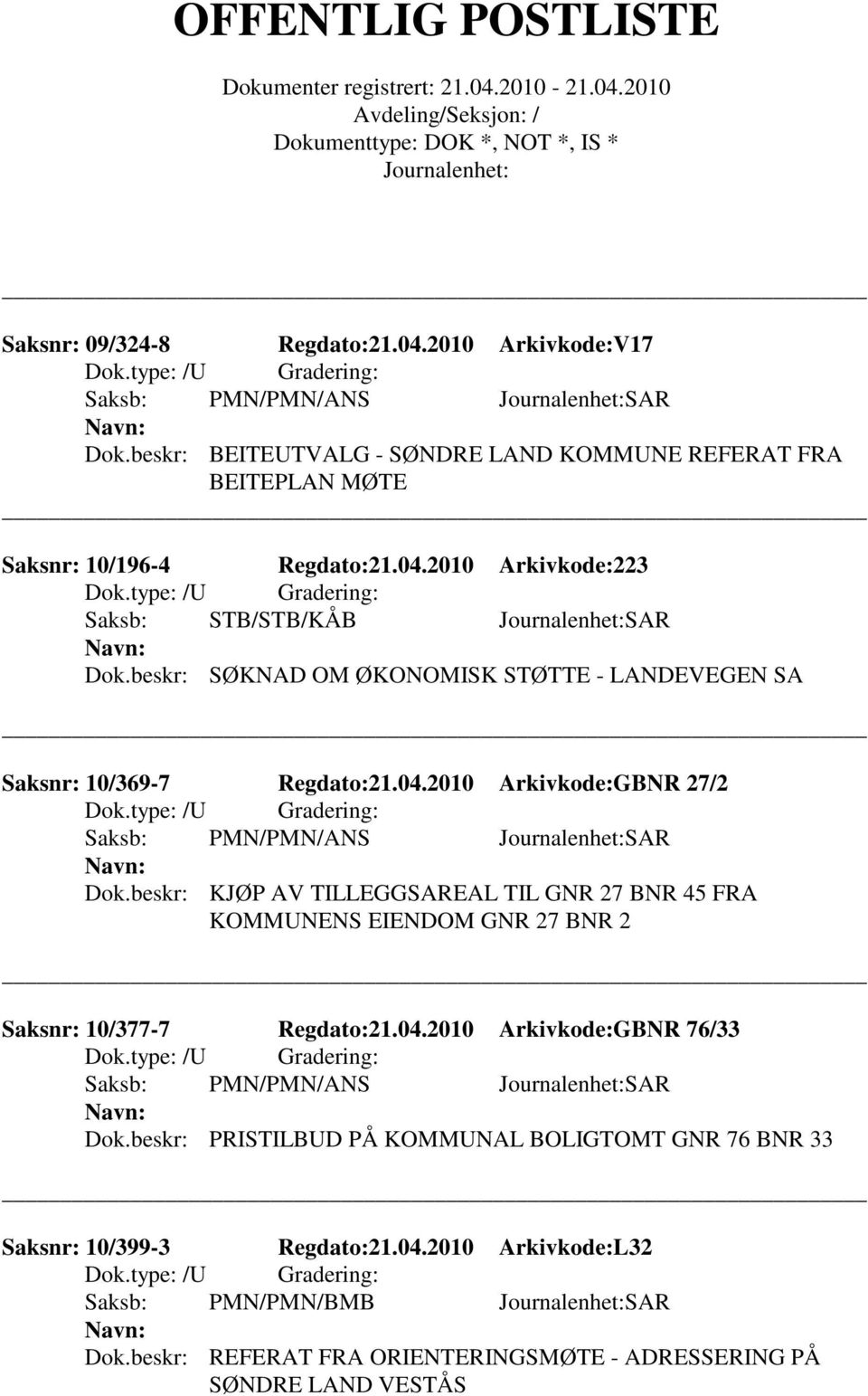 beskr: KJØP AV TILLEGGSAREAL TIL GNR 27 BNR 45 FRA KOMMUNENS EIENDOM GNR 27 BNR 2 Saksnr: 10/377-7 Regdato:21.04.2010 Arkivkode:GBNR 76/33 Saksb: PMN/PMN/ANS SAR Dok.