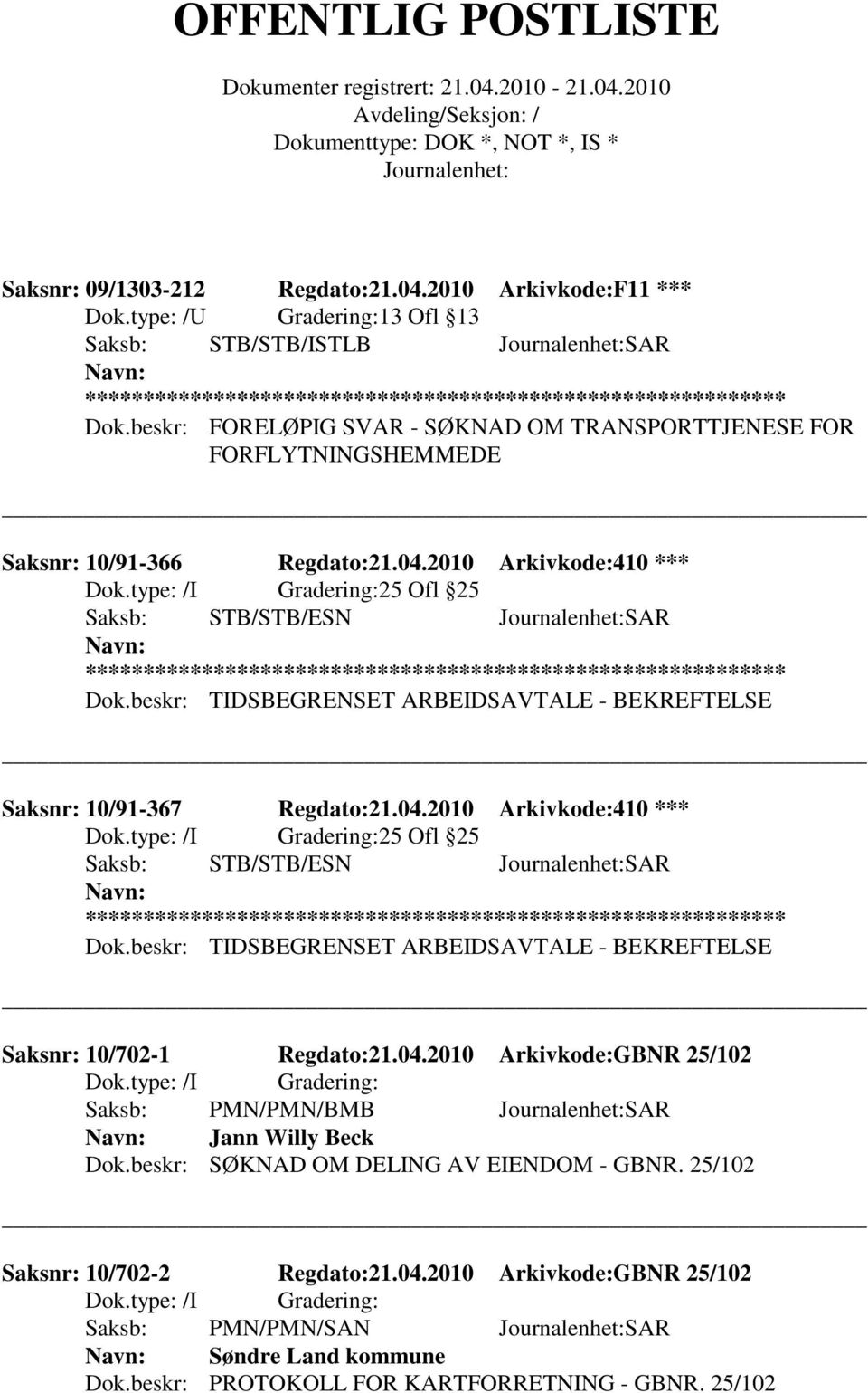 2010 Arkivkode:410 *** Saksnr: 10/91-367 Regdato:21.04.2010 Arkivkode:410 *** Saksnr: 10/702-1 Regdato:21.04.2010 Arkivkode:GBNR 25/102 Saksb: PMN/PMN/BMB SAR Jann Willy Beck Dok.