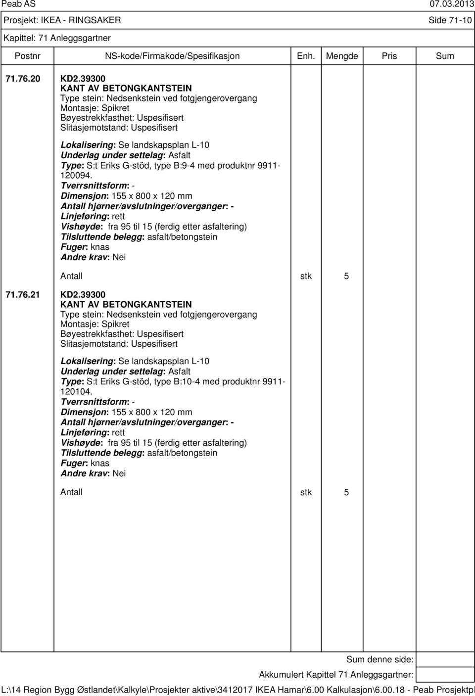 Tverrsnittsform: - Dimensjon: 155 x 800 x 120 mm Linjeføring: rett Vishøyde: fra 95 til 15 (ferdig etter asfaltering) Tilsluttende belegg: asfalt/betongstein Fuger: knas Antall stk 5 71.76.