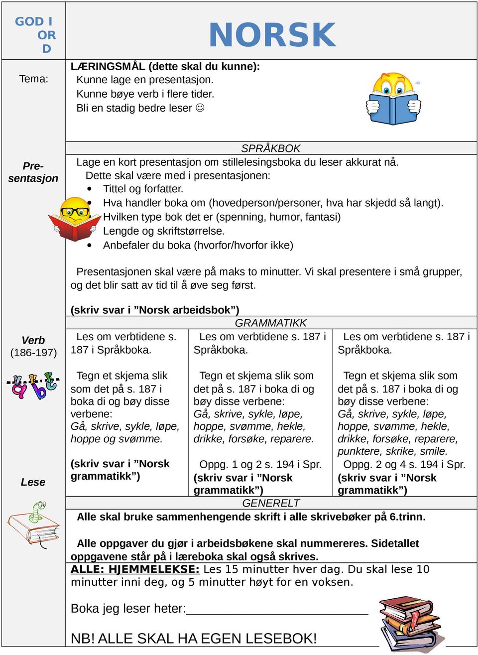 vilken type bok det er (spenning, humor, fantasi) Lengde og skriftstørrelse. Anbefaler du boka (hvorfor/hvorfor ikke) Presentasjonen skal være på maks to minutter.