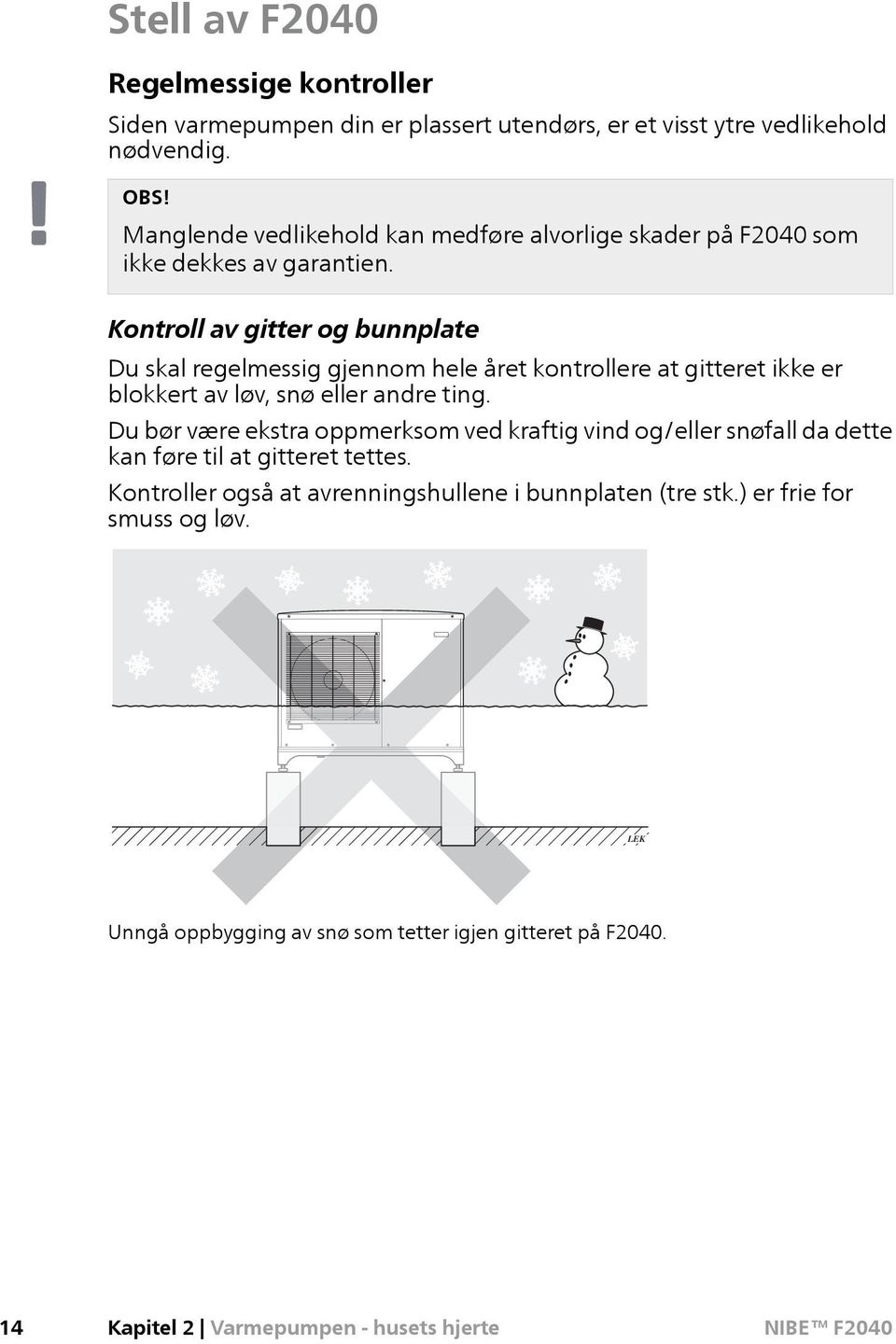 LEK Kontroll av gitter og bunnplate Du skal regelmessig gjennom hele året kontrollere at gitteret ikke er blokkert av løv, snø eller andre ting.