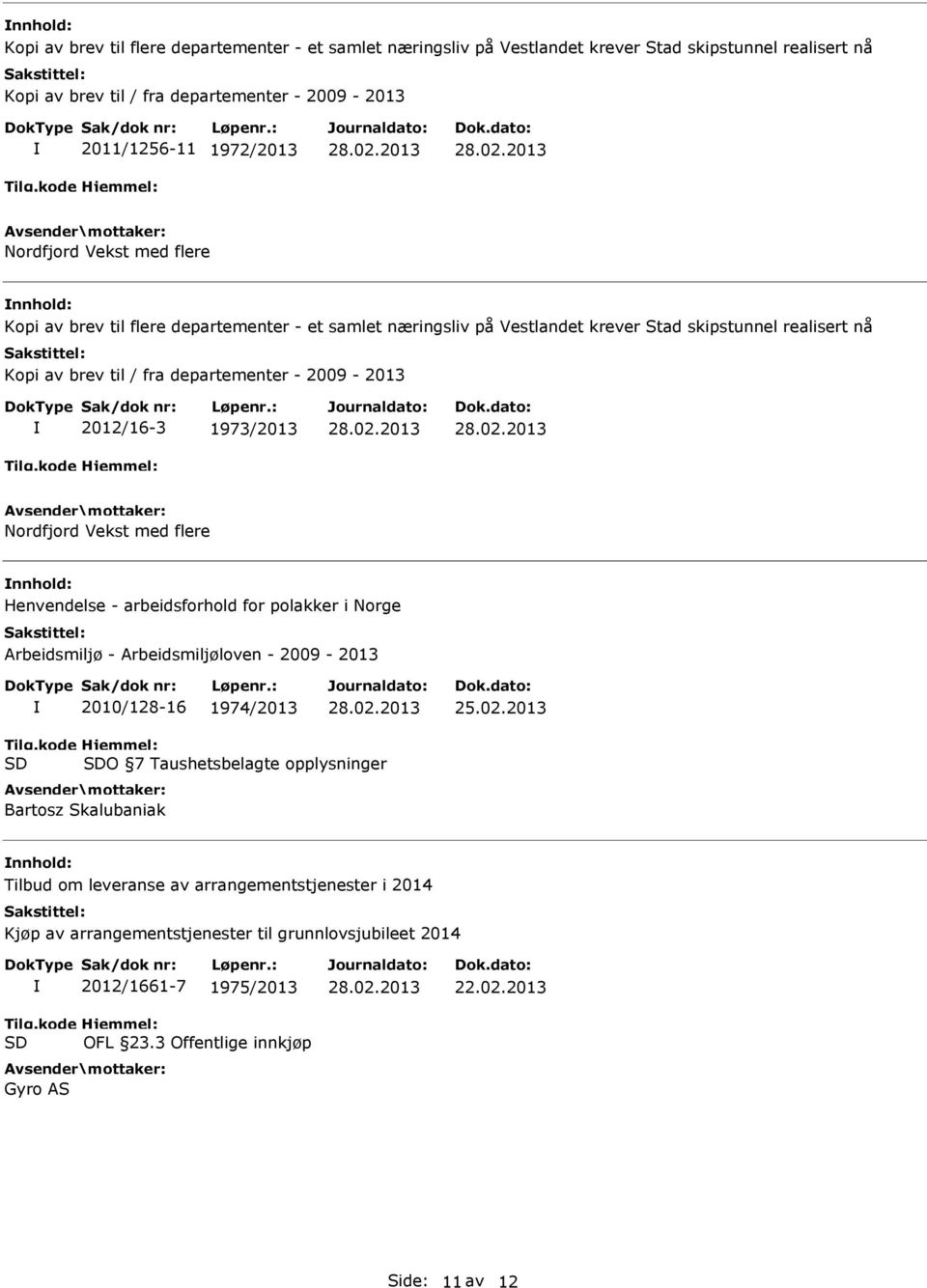 Arbeidsmiljøloven - 2009-2013 2010/128-16 1974/2013 25.02.2013 O 7 Taushetsbelagte opplysninger Bartosz Skalubaniak nnhold: 2012/1661-7 1975/2013 Gyro AS 22.02.2013 Side: 11 av 12