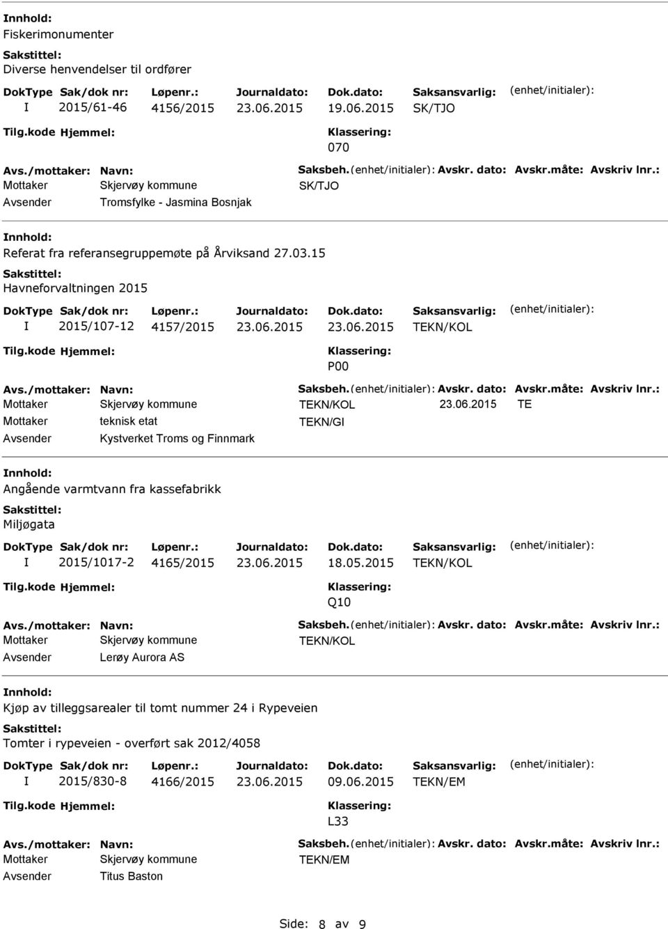 måte: Avskriv lnr.: TE Mottaker teknisk etat TEKN/G Kystverket Troms og Finnmark nnhold: Angående varmtvann fra kassefabrikk Miljøgata 2015/1017-2 4165/2015 18.05.2015 Q10 Avs.