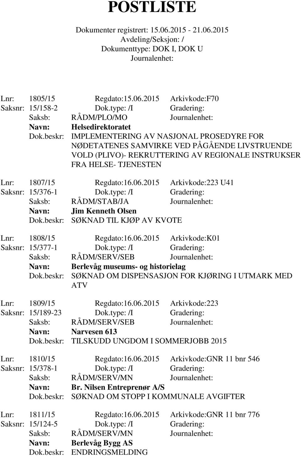 2015 Arkivkode:223 U41 Saksnr: 15/376-1 Dok.type: /I Gradering: Saksb: RÅDM/STAB/JA Navn: Jim Kenneth Olsen Dok.beskr: SØKNAD TIL KJØP AV KVOTE Lnr: 1808/15 Regdato:16.06.