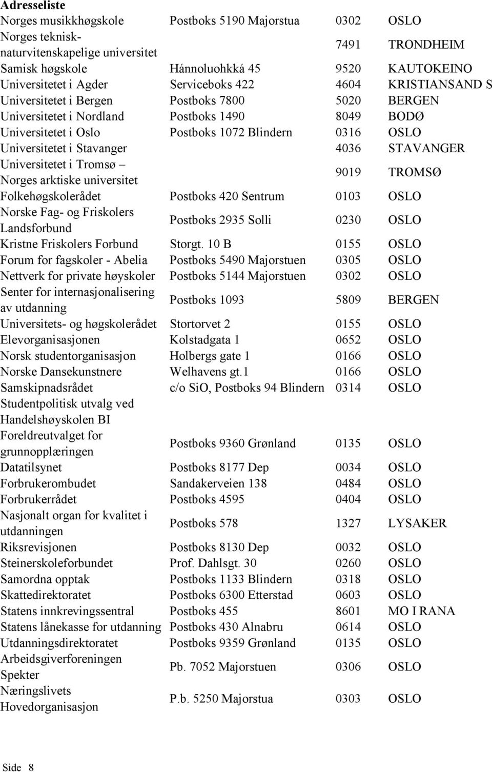 Universitetet i Stavanger 4036 STAVANGER Universitetet i Tromsø Norges arktiske universitet 9019 TROMSØ Folkehøgskolerådet Postboks 420 Sentrum 0103 OSLO Norske Fag- og Friskolers Landsforbund