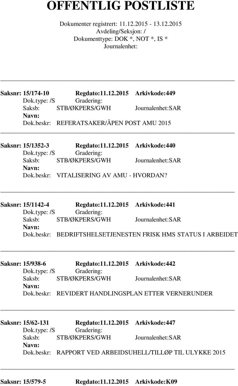 beskr: BEDRIFTSHELSETJENESTEN FRISK HMS STATUS I ARBEIDET Saksnr: 15/938-6 Regdato:11.12.2015 Arkivkode:442 Saksb: STB/ØKPERS/GWH SAR Dok.