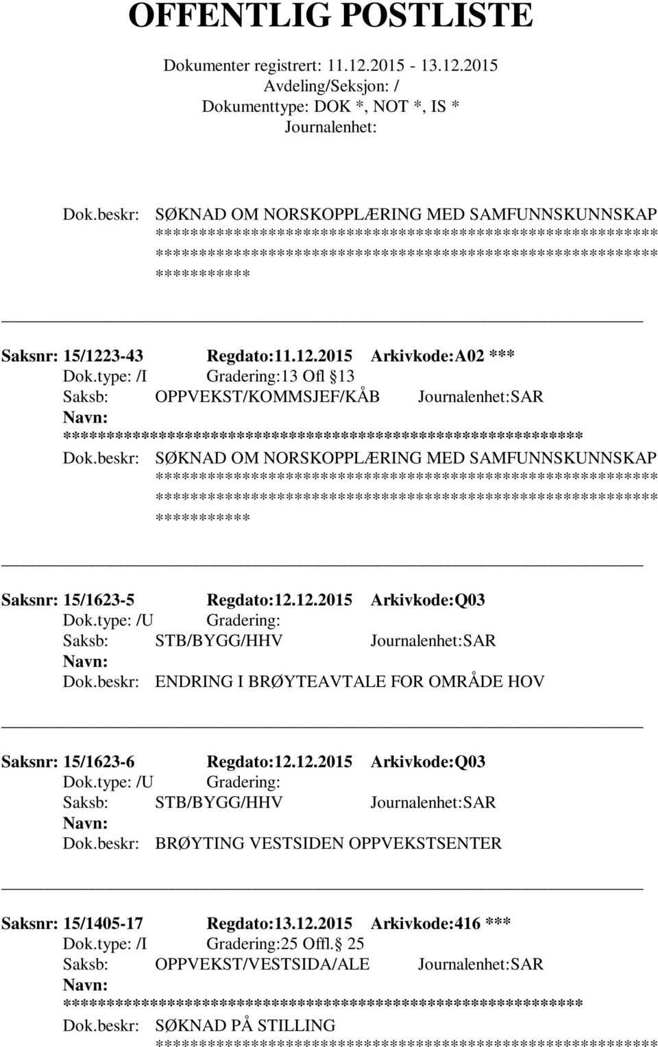 beskr: ENDRING I BRØYTEAVTALE FOR OMRÅDE HOV Saksnr: 15/1623-6 Regdato:12.