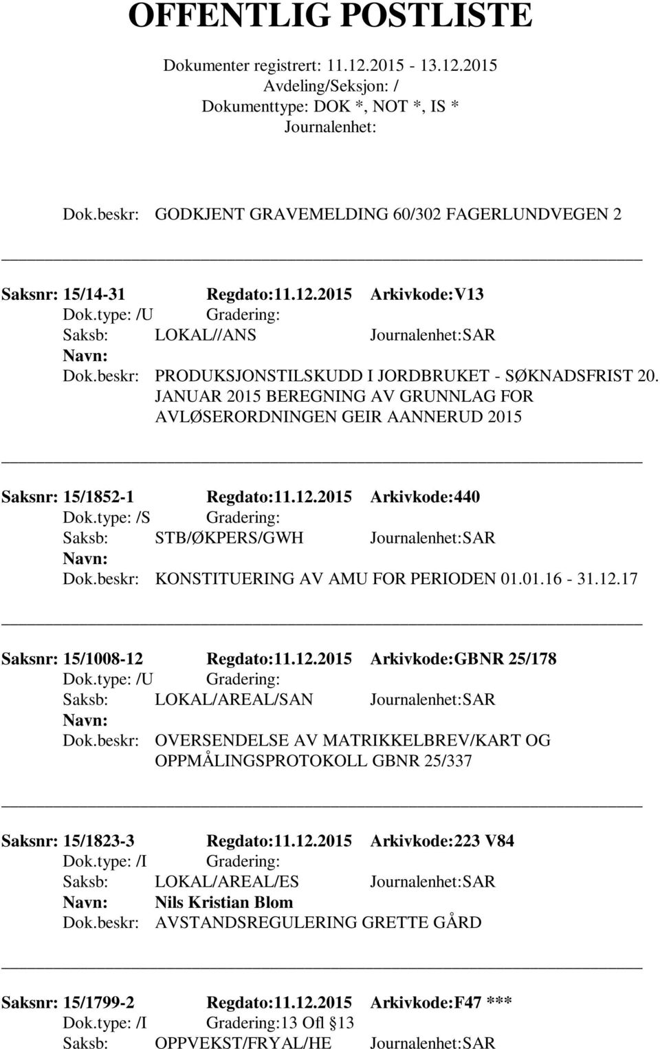 01.16-31.12.17 Saksnr: 15/1008-12 Regdato:11.12.2015 Arkivkode:GBNR 25/178 Saksb: LOKAL/AREAL/SAN SAR Dok.