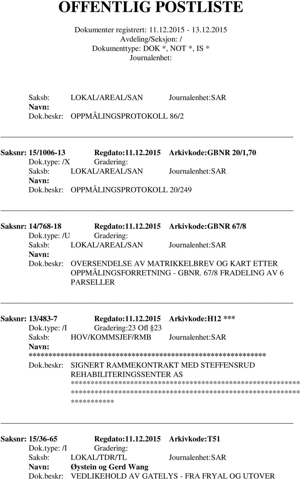 beskr: OVERSENDELSE AV MATRIKKELBREV OG KART ETTER OPPMÅLINGSFORRETNING - GBNR. 67/8 FRADELING AV 6 PARSELLER Saksnr: 13/483-7 Regdato:11.12.