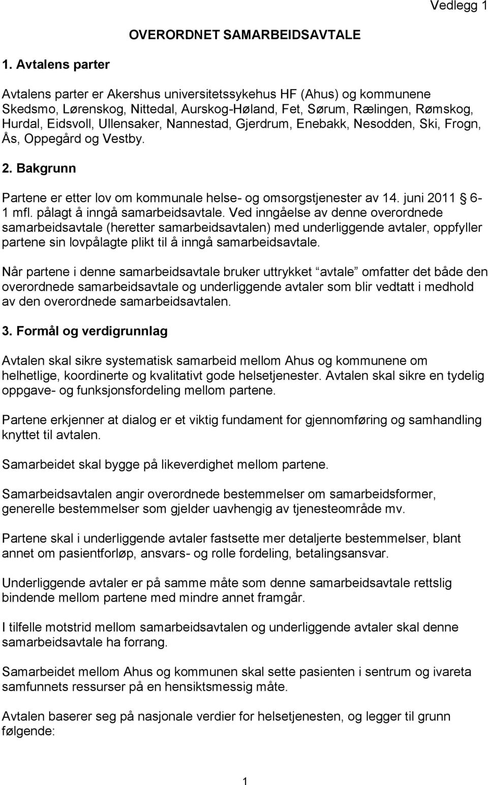 Nannestad, Gjerdrum, Enebakk, Nesodden, Ski, Frogn, Ås, Oppegård og Vestby. 2. Bakgrunn Partene er etter lov om kommunale helse- og omsorgstjenester av 14. juni 2011 6-1 mfl.