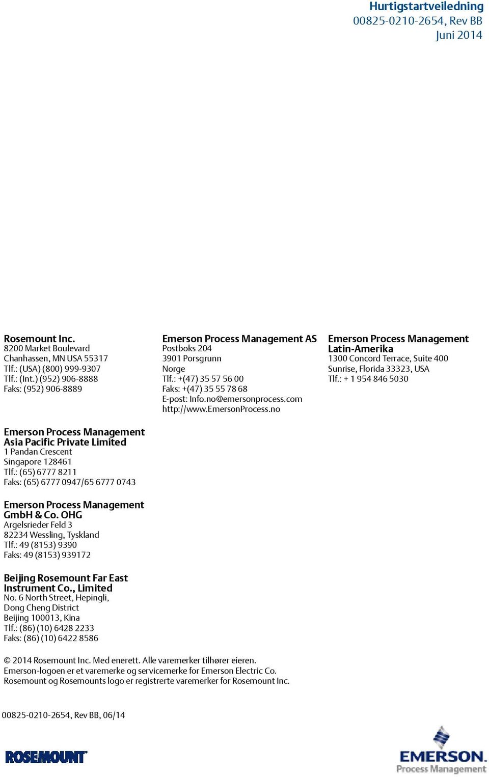 : (65) 6777 8211 Faks: (65) 6777 0947/65 6777 0743 Emerson Process Management GmbH & Co. OHG Argelsrieder Feld 3 82234 Wessling, Tyskland Tlf.