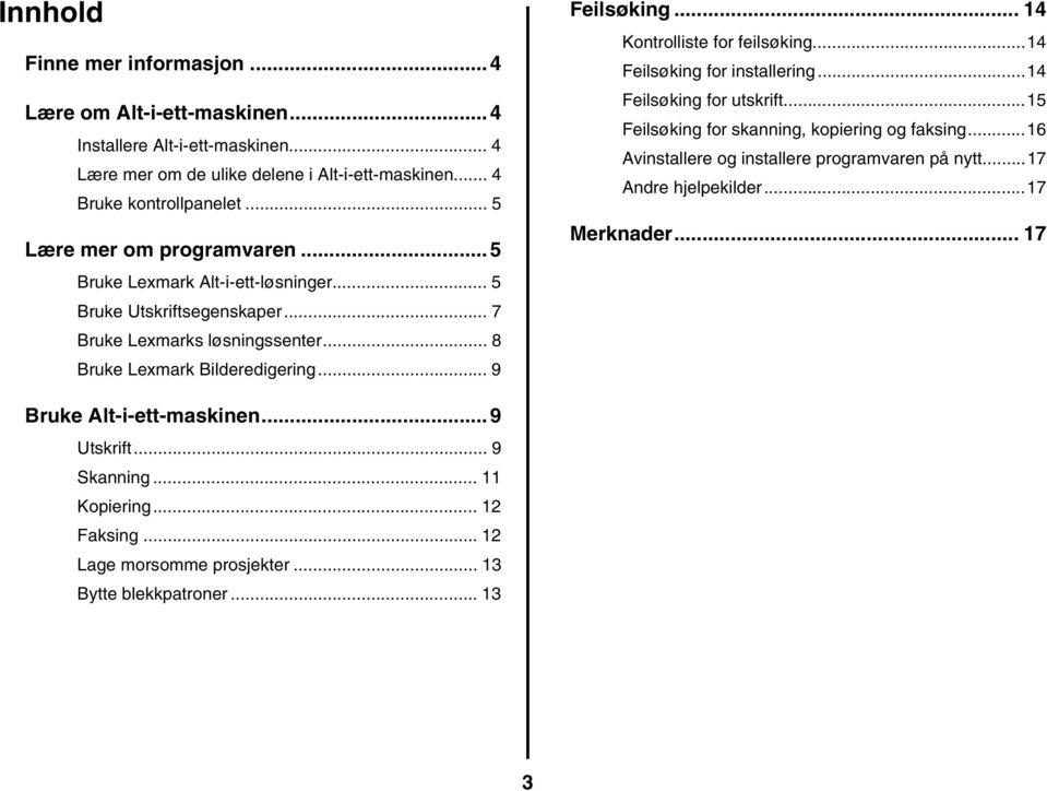 .. 14 Kontrolliste for feilsøking...14 Feilsøking for installering...14 Feilsøking for utskrift...15 Feilsøking for skanning, kopiering og faksing.