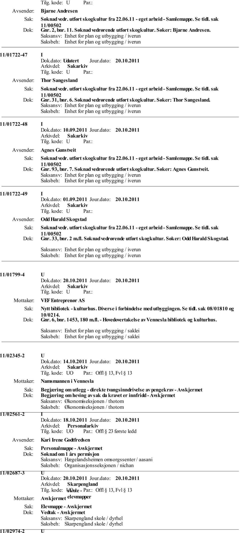 Søker: Agnes Gunstveit. 11/01722-49 I Dok.dato: 01.09.2011 Jour.dato: 20.10.2011 Odd Harald Skogstad Gnr. 33, bnr. 2 m.fl. Søknad vedrørende utført skogkultur. Søker: Odd Harald Skogstad.