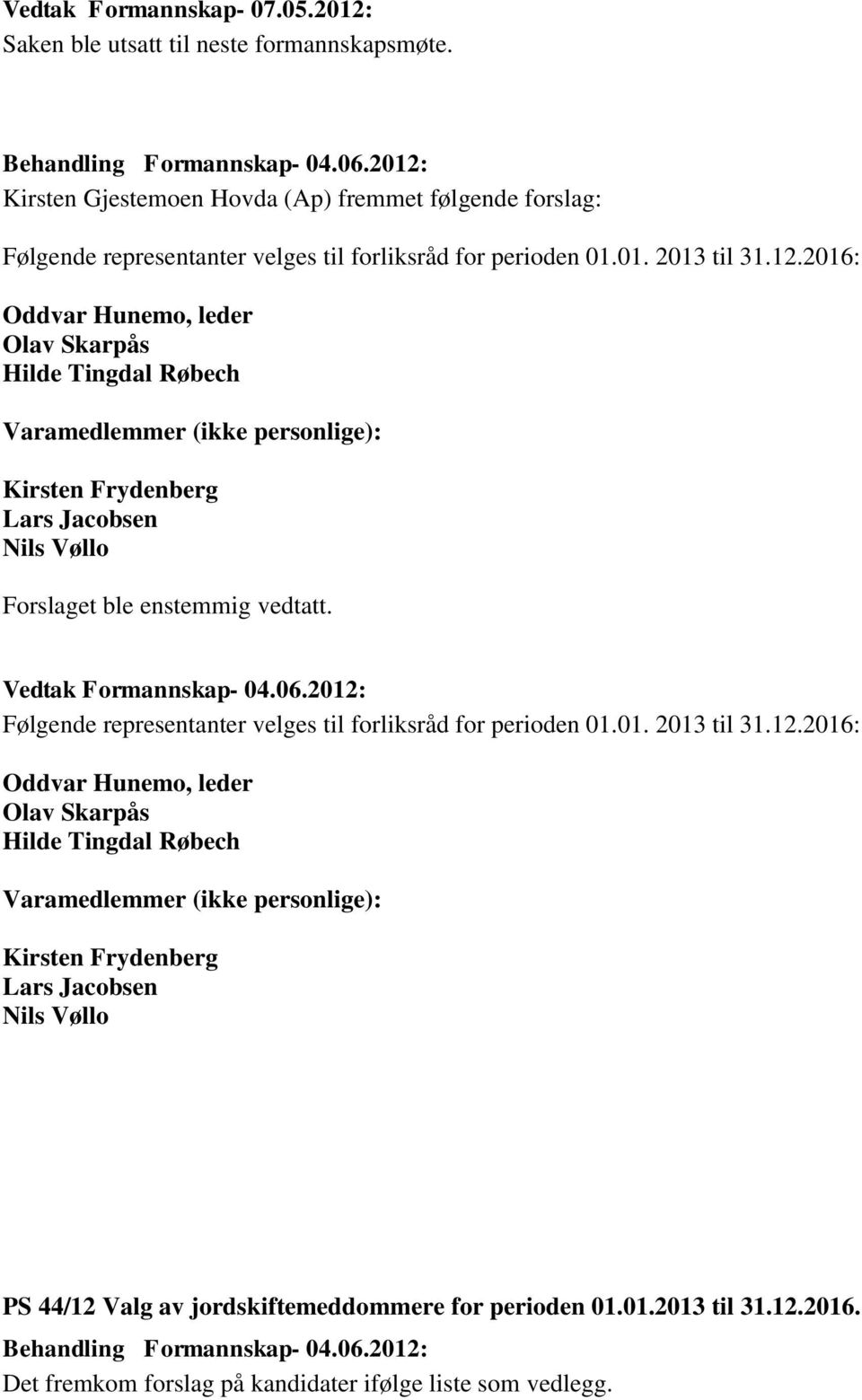2016: Oddvar Hunemo, leder Olav Skarpås Varamedlemmer (ikke personlige): Kirsten Frydenberg Lars Jacobsen Nils Vøllo Forslaget ble enstemmig vedtatt. Vedtak Formannskap- 04.06.