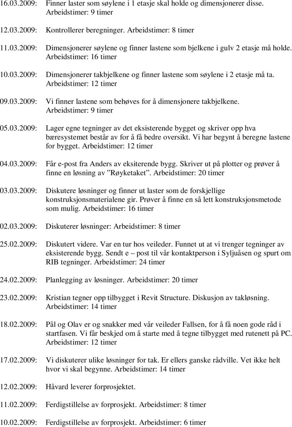 Arbeidstimer: 9 timer 05.03.2009: Lager egne tegninger av det eksisterende bygget og skriver opp hva bæresystemet består av for å få bedre oversikt. Vi har begynt å beregne lastene for bygget.