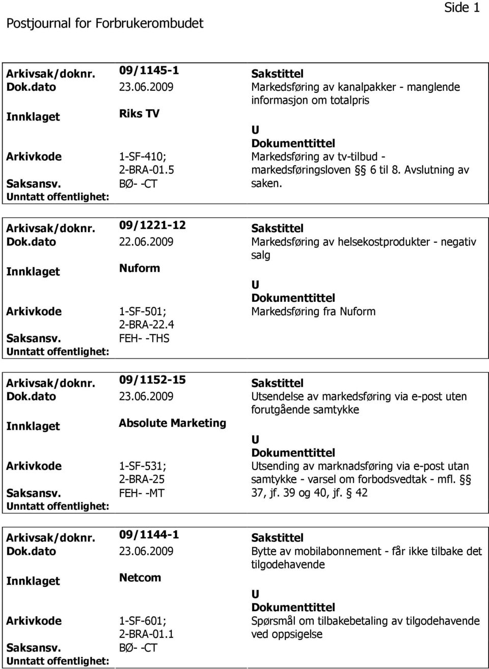 2009 Markedsføring av helsekostprodukter - negativ salg nnklaget Nuform 1-SF-501; 2-BRA-22.4 Markedsføring fra Nuform FEH- -THS Arkivsak/doknr. 09/1152-15 Sakstittel Dok.dato 23.06.