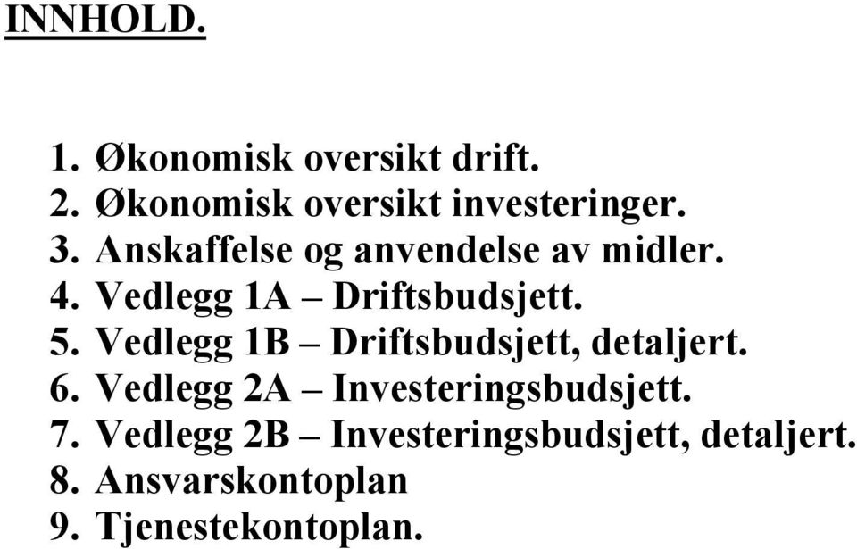 Vedlegg 1B Driftsbudsjett, detaljert. 6. Vedlegg 2A Investeringsbudsjett. 7.