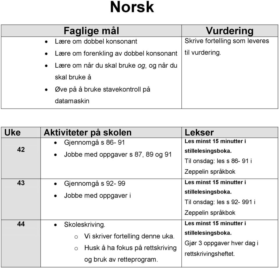 Uke Aktiviteter på skolen Lekser Gjennomgå s 86-91 42 Jobbe med oppgaver s 87, 89 og 91 43 Gjennomgå s 92-99 Jobbe med oppgaver i 44 Skoleskriving. o Vi skriver fortelling denne uka.