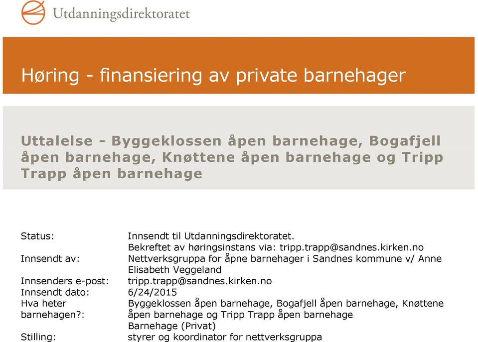 no Innsendt av: Nettverksgruppa for åpne barnehager i Sandnes kommune v/ Anne Elisabeth Veggeland Innsenders e-post: tripp.trapp@sandnes.kirken.