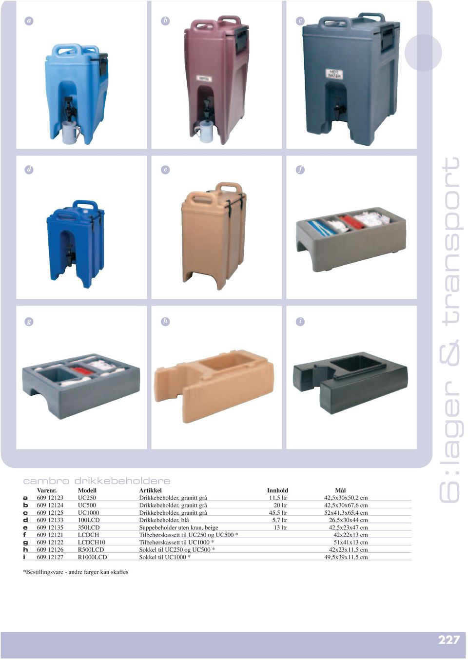 UC1000 Drikkebeholer, granitt grå 45,5 ltr 52x41,3x65,4 cm 609 12133 100LCD Drikkebeholer, blå 5,7 ltr 26,5x30x44 cm e 609 12135 350LCD Suppebeholer uten kran, beige 13 ltr