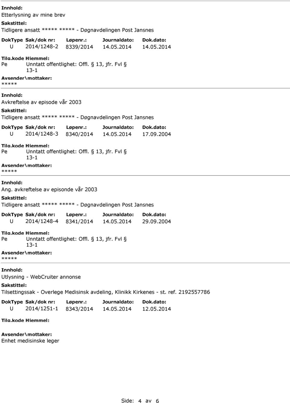 Fvl Ang. avkreftelse av episonde vår 2003 Tidligere ansatt - Døgnavdelingen Post Jansnes 2014/1248-4 8341/2014 29.09.2004 nntatt offentlighet: Offl.