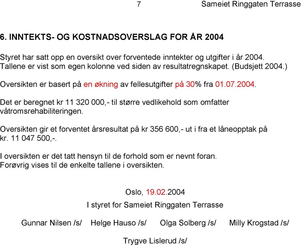 Oversikten gir et forventet årsresultat på kr 356 600,- ut i fra et låneopptak på kr. 11 047 500,-. I oversikten er det tatt hensyn til de forhold som er nevnt foran.