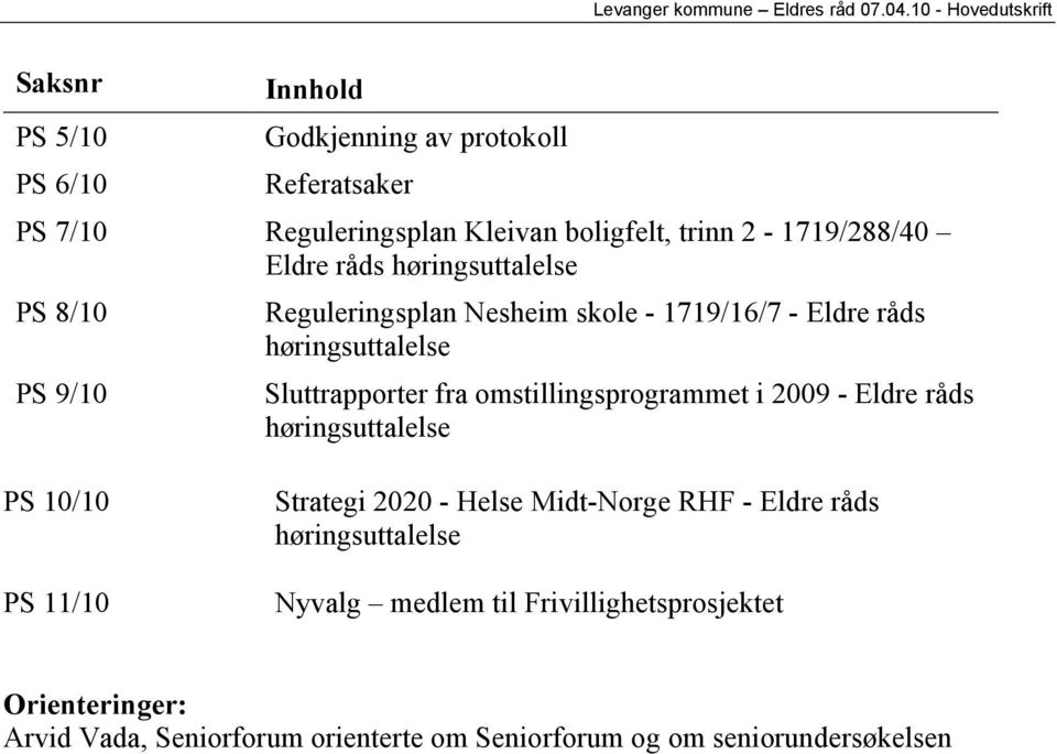 omstillingsprogrammet i 2009 - Eldre råds høringsuttalelse PS 10/10 PS 11/10 Strategi 2020 - Helse Midt-Norge RHF - Eldre råds