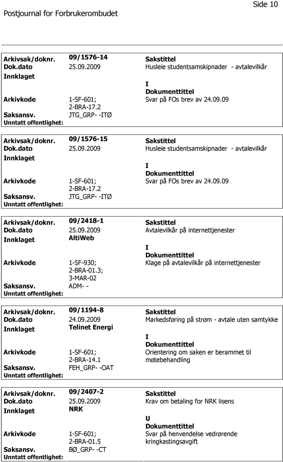 09/2418-1 Sakstittel Dok.dato 25.09.2009 Avtalevilkår på internettjenester nnklaget AltiWeb Arkivkode 1-SF-930; 2-BRA-01.3; 3-MAR-02 Klage på avtalevilkår på internettjenester Saksansv.