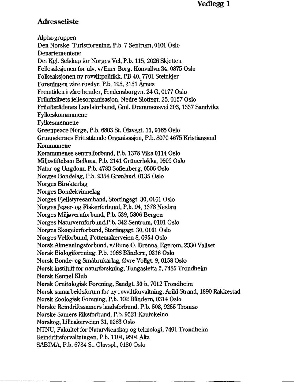 115,2026 Skjetten Fellesaksjonen for ulv, v/ener Borg, Konvallvn 34,0875 Oslo Folkeaksjonen ny rowiltpolitikk, PB 40, 7701 Steinkjer Foreningen våre rovdyr, P.b.