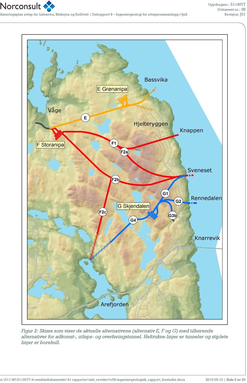 Heltrukne linjer er tunneler og stiplete linjer er borehull.