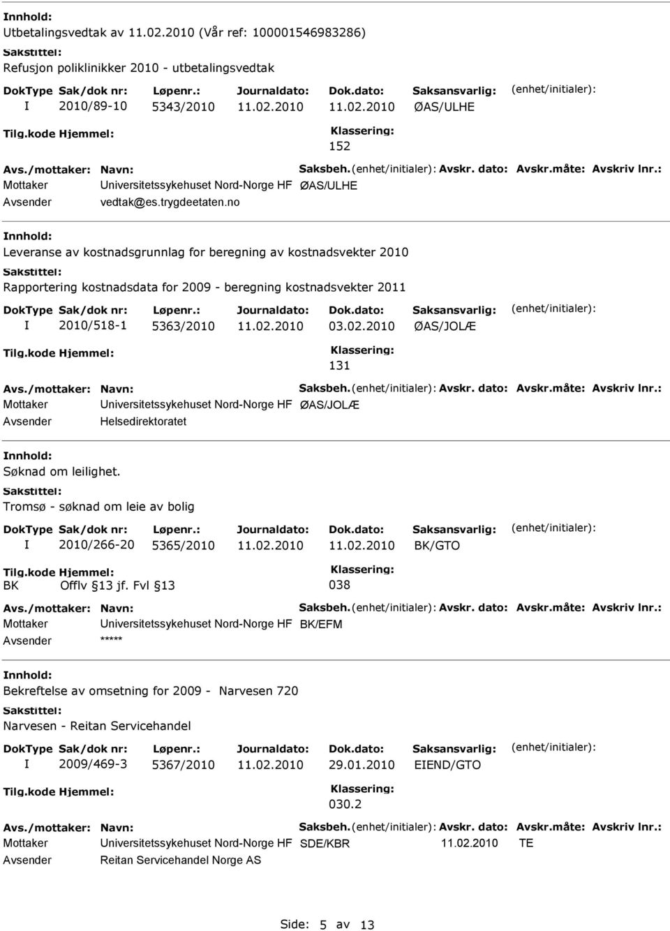 no Leveranse av kostnadsgrunnlag for beregning av kostnadsvekter 2010 Rapportering kostnadsdata for 2009 - beregning kostnadsvekter 2011 2010/518-1 5363/2010 03.02.2010 ØAS/JOLÆ 131 Avs.