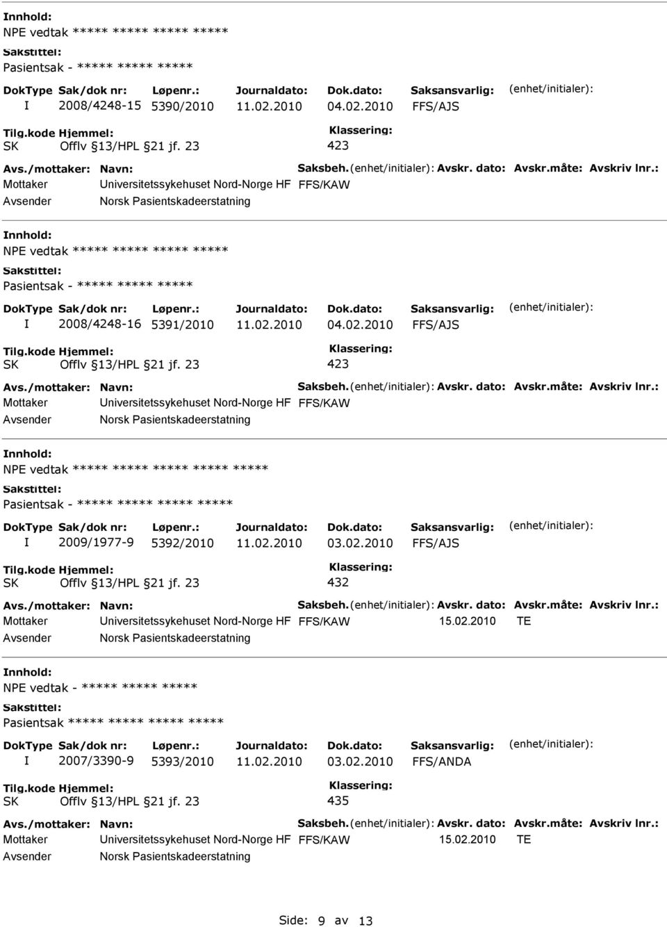 : Norsk Pasientskadeerstatning NPE vedtak ***** ***** ***** ***** ***** ***** 2009/1977-9 5392/2010 03.02.2010 FFS/AJS Avs./mottaker: Navn: Saksbeh. Avskr. dato: Avskr.