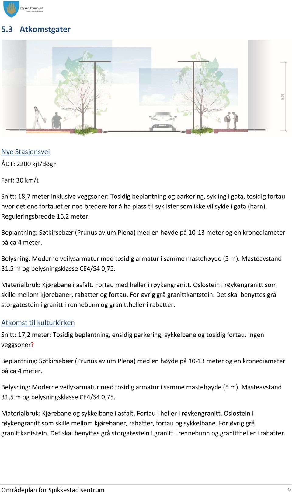 Oslostein i røykengranitt som skille mellom kjørebaner, rabatter og fortau. For øvrig grå granittkantstein. Det skal benyttes grå storgatestein i granitt i rennebunn og granittheller i rabatter.