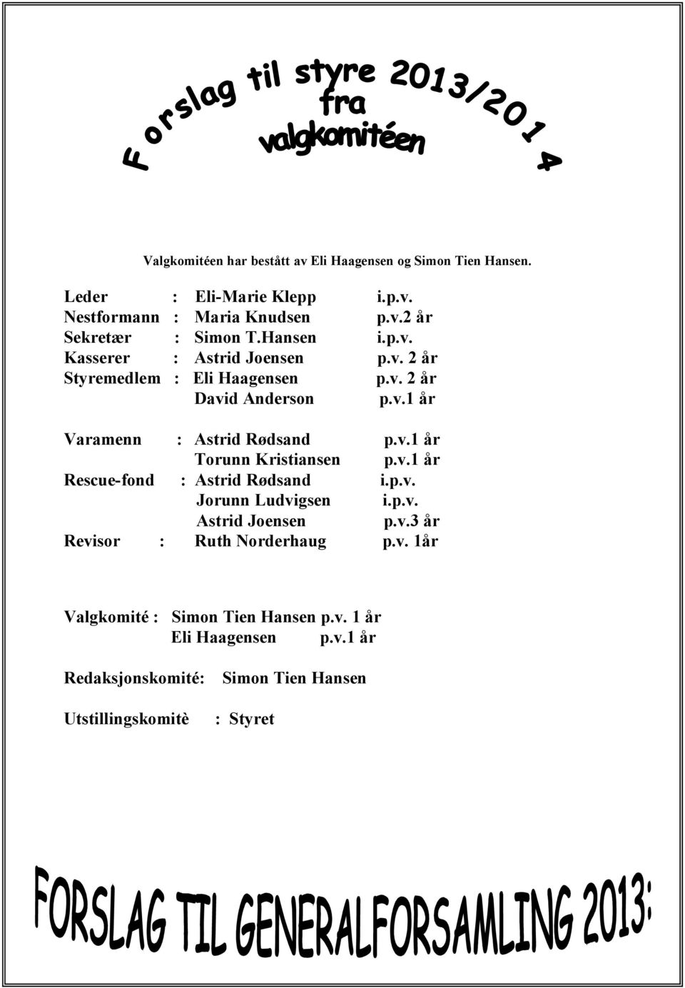 v.1 år Rescue-fond : Astrid Rødsand i.p.v. Jorunn Ludvigsen i.p.v. Astrid Joensen p.v.3 år Revisor : Ruth Norderhaug p.v. 1år Valgkomité : Simon Tien Hansen p.