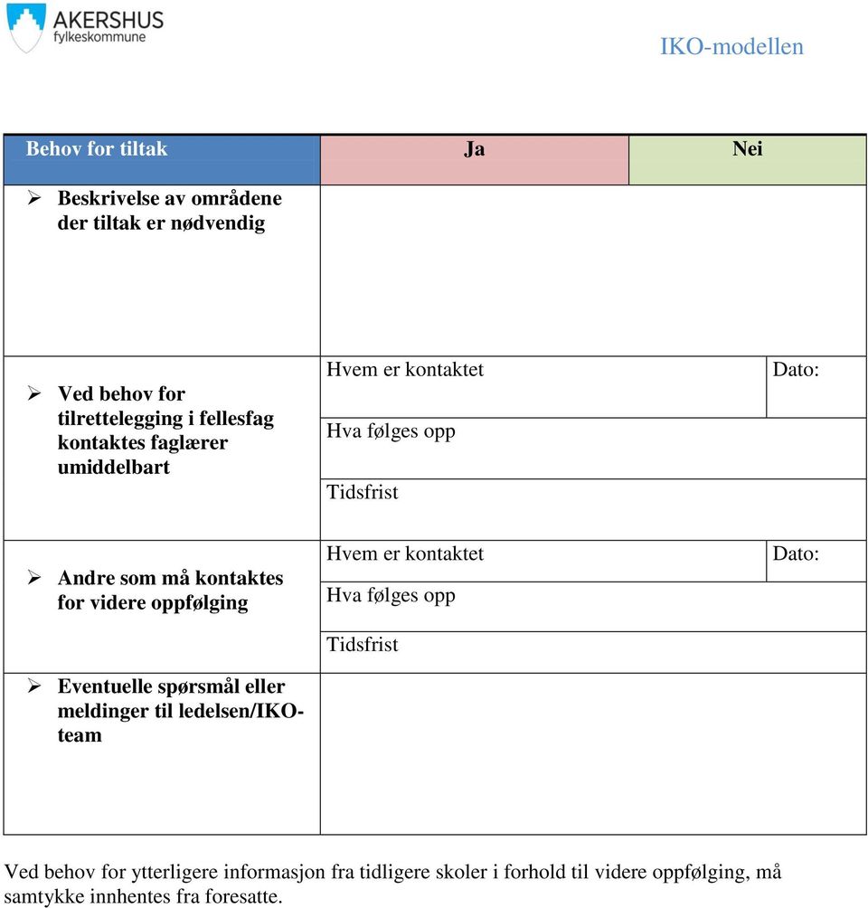 oppfølging Eventuelle spørsmål eller meldinger til ledelsen/ikoteam Hvem er kontaktet Hva følges opp Tidsfrist Dato: