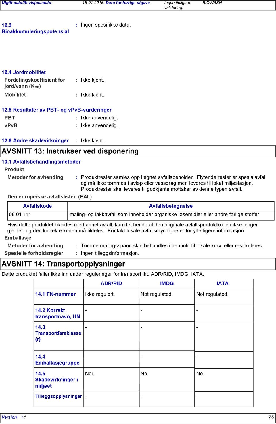 1 Avfallsbehandlingsmetoder Produkt Metoder for avhending Den europeiske avfallslisten (EAL) Avfallskode Avfallsbetegnelse 08 01 11* maling og lakkavfall som inneholder organiske løsemidler eller