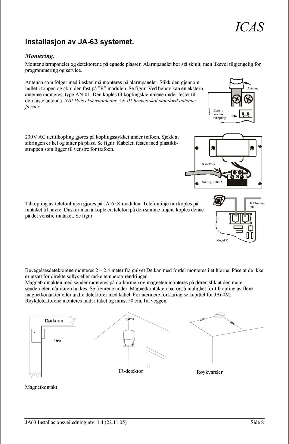 Den koples til koplingsklemmene under festet til den faste antenna. NB! Hvis eksternantenne AN-01 brukes skal standard antenne fjernes.