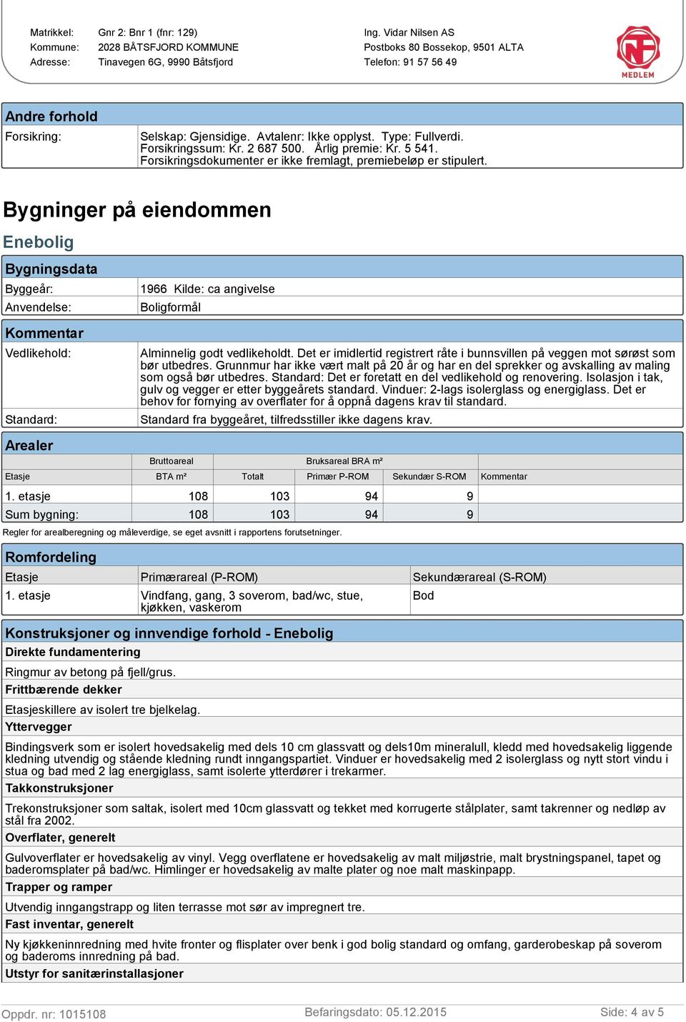 Bygninger på eiendommen Enebolig Bygningsdata Byggeår: 1966 Kilde: ca angivelse Anvendelse: Boligformål Vedlikehold: Alminnelig godt vedlikeholdt.